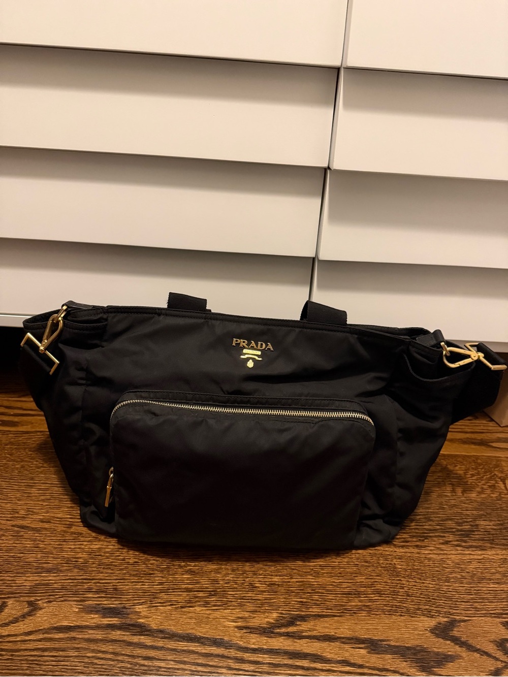 PRADA Vintage Black Nylon Diaper / Baby Bag with Gold Hardware + Dust Bag
